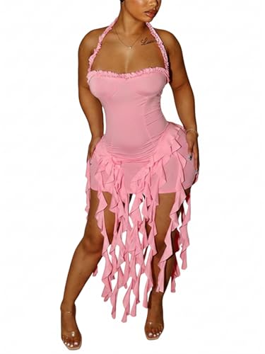 Image of Women's Summer Mini Dress Sexy Halter Backless Ruffle Fringe Bodycon Short Dress Cocktail Party Beach Vacation Sundress