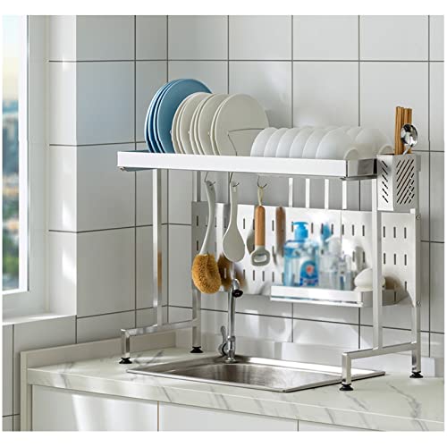 Dish Drain Rack With Hanging Basket Cutlery Dish Drain Rack,Dish Drain Rack With Hanging Basket,Draining Rack Expandable Cabinet Shelf, Stainless Steel Above Sink Dish Rack Stable Over Sink,Silver-54