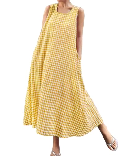 Image of chouyatou Women's Summer Casual Loose-Fit Cotton Plaid Tank Maxi Dress with Pockets Boho Beach Sundress