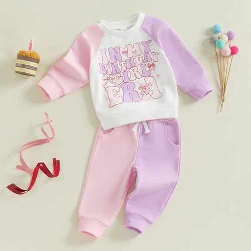 SAYOO In My Birthday Era Outfit Toddler Letter Birthday Girl Sweatshirt Pullover Contrast Color Jogger Pants Fall Clothes2