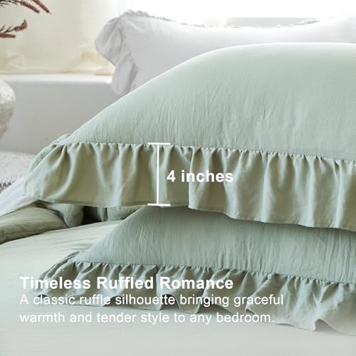 Image of Sage Green Ruffle Comforter Set King, Pre-Washed Shabby Chic Bedding Set, Lightweight Cottagecore Soft Romantic Cozy 1 Comforter & 2 Shams, All-Season