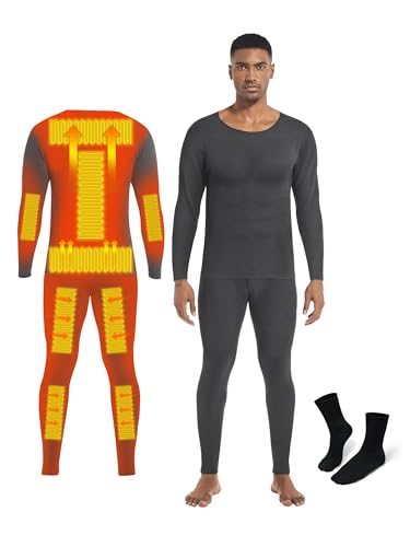 Raueupo Warm Thermal Underwear Set Mens Base Layer Long Johns Winter Hunting Gear Bottom Leggings Top with Mens Crew Socks (Grey Black, Large) - Thumbnail 2