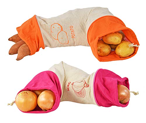 HOME-X Set of 2 Reusable Fabric Produce Bags, Onion and Potato Sacks, Hanging Vegetable Bags, Potato Bag - 17" L x 10" W x 6" H - Orange, Onion Bag - 12" L x 8 Â½" W x 5" H- Pink
