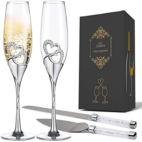 VARLKA Wedding Cake Knife and Sever Set, Wedding Champagne Flutes and Cake Knife Server Set, Cake Cutting Set for Wedding, Engagement Gfits for Couples Cover