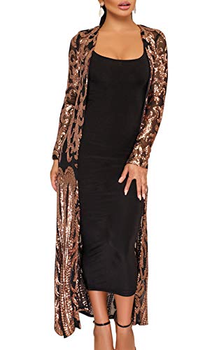 JackenLOVE Frühling Herbst Damen Lang Cardigan Fashion Pailletten Tüll Tops Kimono Outwear Freizeit Langarm Oberteile Strickjacke Bluse