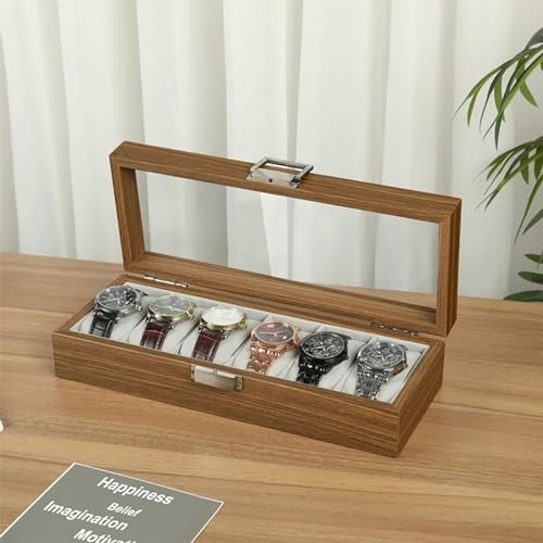 Image of KLIFFOO Watch Box Organizer - 6 Slots Display Case with Glass Lid, Wooden, Soft Velvet Interior - Elegant Wrist Watch Storage Box for Men's & Women's Watches, Jewelry & Accessories Collection Case