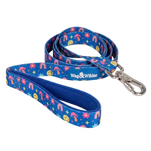 Image of Wag and Wilder Heavy Duty 5 FT Dog Leash for Small Dogs - Neoprene Padded Handle & Strong Metal Hook (Groovy Trails Blue)