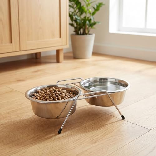 Suinga Futterhaus Hunde mit Standfuß Edelstahl. Kapazität 2 x 0.750 Liter. Wird als Futterstation und Vogeltränke für Tiere. Maßnahmen. Ø16,5 cm 35 x 17 x 7 cm