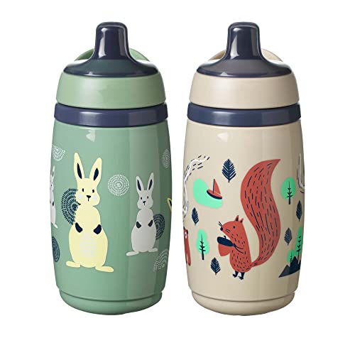 Image of Tommee Tippee Superstar Insulated Sportee Toddler Water Bottle, INTELLIVALVE Leak-Proof & Shake-Proof (9oz, 12+ Months, 2 Count), Green and Warm Gray