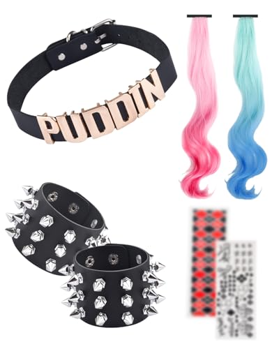 ABONDEVER Puddin Choker Halloween Set Adjustable Punk Leather Letter Collar Necklace Tattoo Stickers Rivets Spike Bracelet Halloween Cosplay Accessories for Women(Black-B)