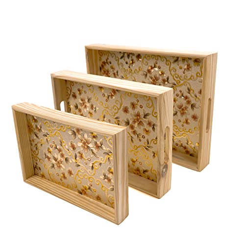 Image of ADA Handicraft Premium Pine Wood Serving Tray, Flora Print Design Food Serving Platters, Wooden Decor Tray, Rustic Decorative Platter Trays for Food, Coffee, Breakfast, Tea, Snack (Pack of 3)