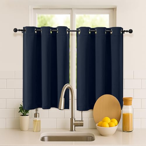 Image of Simplebrand Navy Blue Short Cafe Curtains 36 Inch Length 2 Panels Set, Half Window Grommet Privacy Drape Tiers for Kitchen, Thermal Insulated Room Darkening Curtains for Bathroom Shades, W40 x L36