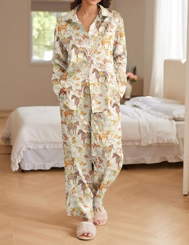 Ekouaer Womens Satin Silky Pajama Set 2 Piece Print PJs Soft Loungewear Button Down Sleepwear with Elastic Waist Long Pants