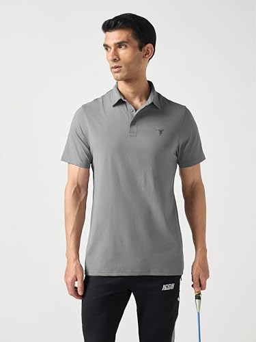 Image of TECHNOSPORT Men's Solid Slim Fit Polo Collar T-Shirt COTFLEX Half Sleeve Button Polyester for Gym Running Workout UPF50+ Anti Odour