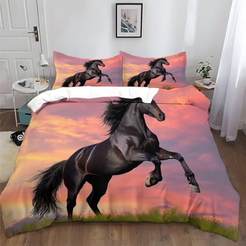Animal Cheval Frison Noir Parure De Lit 2 Personnes 220x240 cm Rouge Housse De Couette Sets de Housses De Couettes Adulte Ado Enfants, avec 2 Taies d'oreiller 65x65 cm