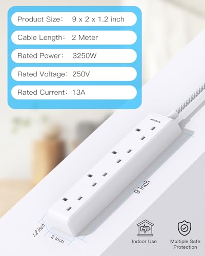 4 Gang Extension Lead 2M, HANYCONY Multi Plug Extension Socket with Braided Cable, 13A 3250W UK Power Strip, Durable Electric Extension Cord for Office, Bedroom, Kitchen Accessories, White - Image 2