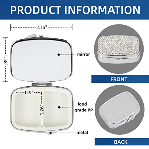 Image of Pocket Pharmacy Bling 2 Compartment Medicine Organizer Small Cute Pill Container Travel Pill Box Case for Purse Square Vitamin Holder for Pocket(Silver)