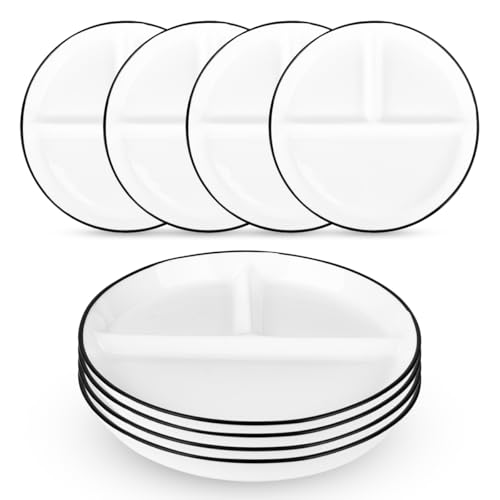 AUHUI Ceramic Divided Plates Set of 4Pcs, 8 Inch Portion Control Plate, Reusable Bariatric Plate for Adults, 3 Compartment Plates, White Dinner Plates for Balanced Meal, Microwave, Dishwasher Safe
