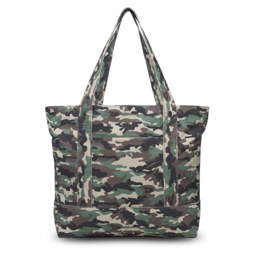 Image of TOPDesign 1-Pack Canvas Tote Bag with an External Pocket, Reusable Grocery Shopping Bag, Top Zipper Closure, Daily Essentials (Camo)