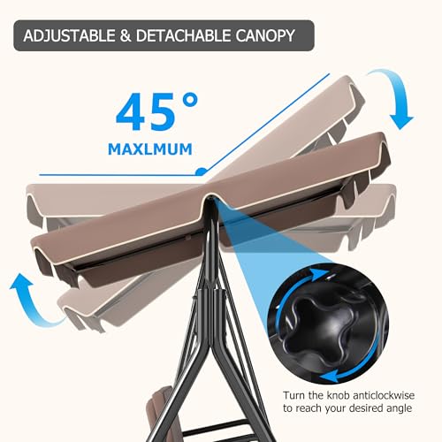 Image of GARTOO 3-Seat Patio Swing Chair, Outdoor Porch Swing with Adjustable Canopy and Durable Steel Frame for Patio, Garden, Poolside(Brown)