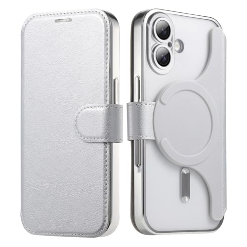 【磁石2in1分離式】 スマホケース 対応 iPhone16 ケース 手帳型 背面 クリア 透明 カード収納 マグネット開閉式 メッキ加工 レンズカバー付き RFID盗難防止 高級なPUレザー+TPU アイフォン16 用 クリアカバー (シルバー, iPh