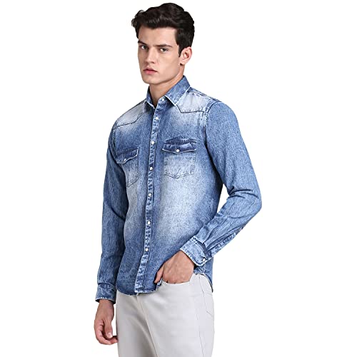 Image of Dennis Lingo Men's Solid Denim Cotton Slim Fit Full Sleeve Casual Shirt with Flap Pockets and Snap Buttons