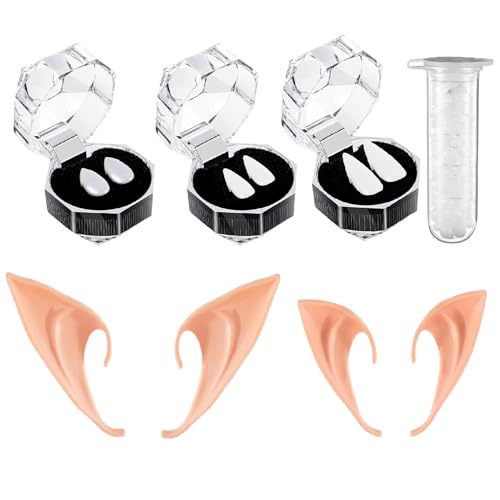 Conjunto de dentes de vampiro de 10 peças, 3 pares de 3 tamanhos vampiros falsos dentes, com pellets de dentes adesivos, acessórios para orelhas de vampiro elétricas para festas de cosplay