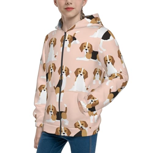 Beagle Dog On Brown Kids Pullover Hoodies Boys Zip Up Sweatshirts Girls Athletic Clothes with Pocket
