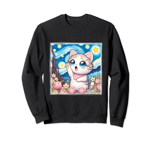 Sternennacht Kawaii Katze Van Gogh Garten Rosen Tulpen Lilien Sweatshirt