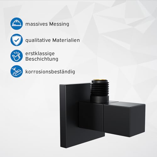 kör4u Design Eckventil 1/2 x 3/8 Zoll, schwarz matt, eckiges Wasserabsperrventil, Schnellverschluss, für Bad & Küche, inkl. Rosette