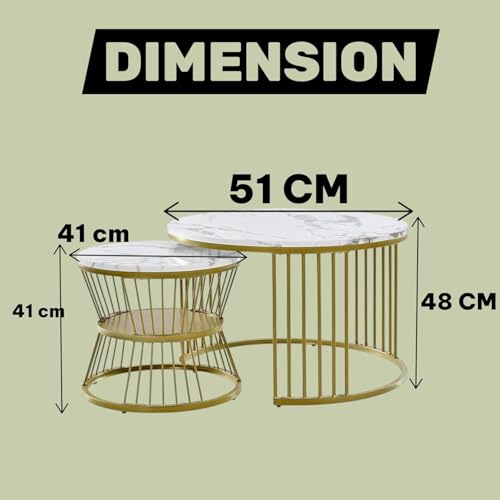 Image of Modern Nesting Table Set of 2 - Round Coffee Table with Engineered Wood Top & Metal Frame, Side Tables for Living Room, Bedroom & Lounge (Black & Brown, L-51x48 cm, S-41x41 cm)