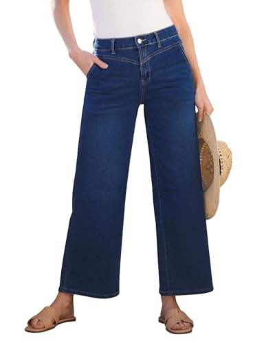GRAPENT Trouser Jeans for Women Cropped Tummy Control Wide-Leg Womens High Waisted Pants Stretch Wide Leg Jeans, Darkness Blue, M, US Size 8 to 10