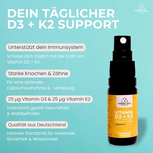 Premium Vitamin D3+K2 Spray - 1000 I.E. - liposomal für maximale Nährstoffaufnahme - vegan und hochdosiert - alkoholfrei - Three Hill Labs