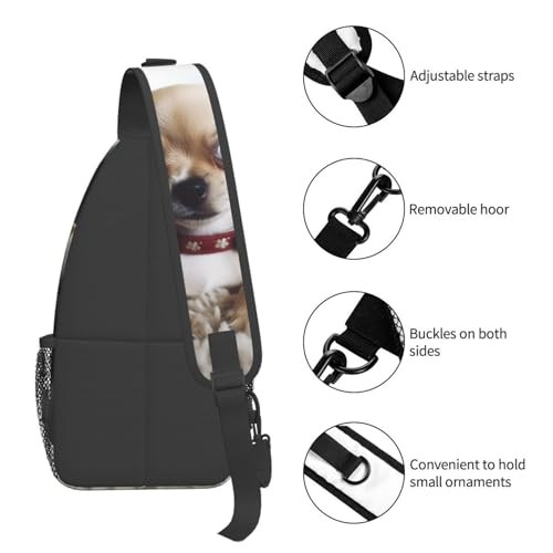 Mochila tipo sling negra con diseño de chihuahua miniatura 4