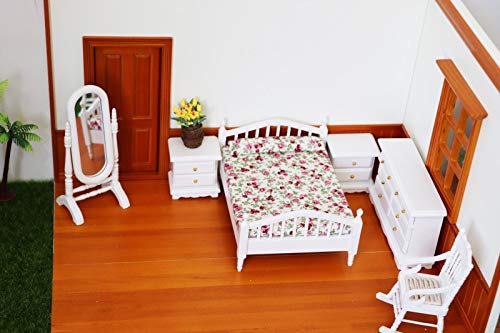 Sxfse 1:12 Dollhouse Bedroom Furniture Set, 6Pcs Mini Wooden White Bedroom Furniture Set, Children's Bedroom Set Baby Kids Play Pretend Toy (White) #TOP3