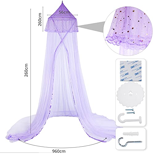 Jeteveven Bed Canopy, Bed Curtain With Star For Single To King Size, Canopy Bed Curtains Round Lace Dome, Bedroom Indoor Outdoor Decor For Girls Boys Adults - Purple #TOP1