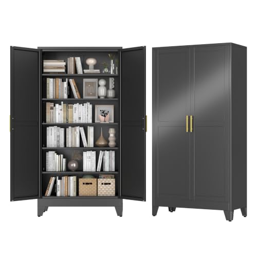 Image of GAIOUS 79 inch Tall New Update Kitchen Pantry Cabinet, Metal Storage Cabinet | with 2 Doors and 5 Adjustable Shelves, Steel Cupboard for Kitchen Dining Bathroom Bedroom, Black, Freestanding, Wider Deeper
