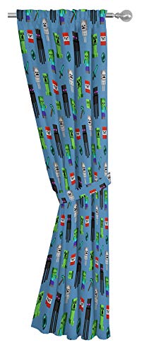Image of Jay Franco Kids Window Drapes - 4 Piece Curtain Set Includes 2 Tiebacks, Beautiful Bedding Room Decor and Easy Set Up, Blue - Minecraft, 63 Inch (Pack of 2)