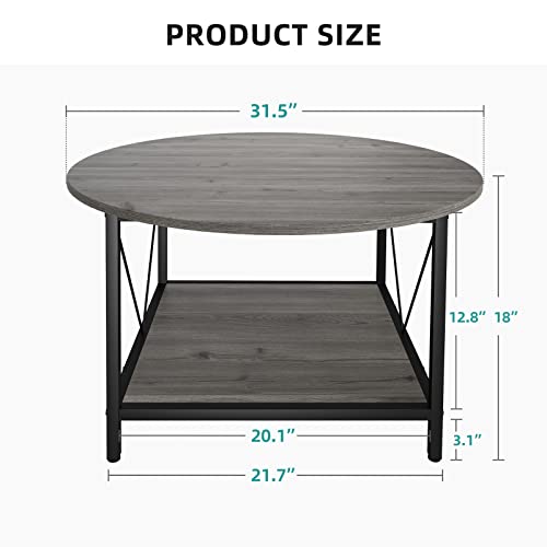 Yitahome Round Coffee Table For Living Room,Rustic Circle Coffee Table With Storage Shelf,2-Tier Industrial Modern Coffee Table Center Table For Living Room Easy To Assemble,Grey #TOP1
