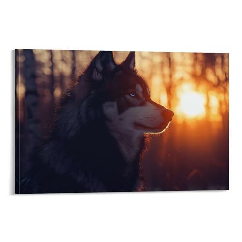 Toile Husky coucher de soleil tableau décoration murale salon œuvre d'art moderne 60x90cm