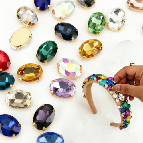 Choupee 50PCS Large 13x18mm Sew On Rhinestones, No Tiny Pieces Mixed Color Oval Crystal Rhinestones, Big Size 13 * 18mm Flatback Gems with Prongs for DIY Crafts, Costume & Jewelry Making