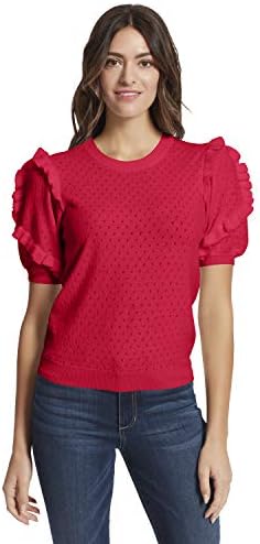 Ella Moss Women's Eveline Rulffle Trim Sleeve Sweater Top, Barberry, Large