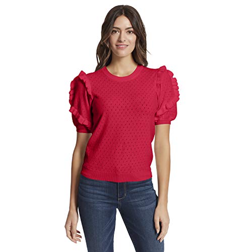 Ella Moss Women's Eveline Rulffle Trim Sleeve Sweater Top, Barberry, Large #TOP2