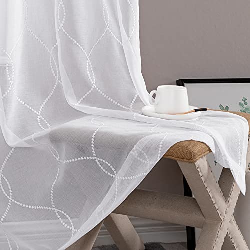 Vangao Sheer Curtains White Embroidered White Sheer Curtains Bedroom 84 inches Long Living Room Semi Sheer Rod Pocket Voile Curtain Panels Embroidery Linen Textured Window Treatment Set, 2 Panels