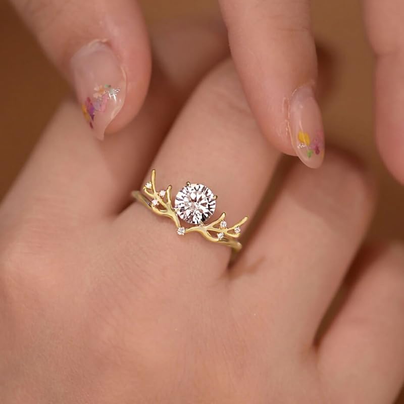 14K Gold Plated Antler Rings for Women Cubic Zirconia Statement Promise Rings Christmas Deer Rings Festival Jewelry Cute Zircon Crystal Wedding Ring 9#4