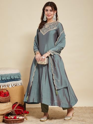 Image of MOKOSH Women's Embroidered Silk Anarkali Kurta Pant with Dupatta | Anarkali Kurta Set | Embroidered |Occasion & Festive Traditional | 3 Piece Outfit