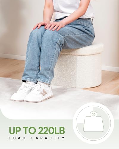 Image of B FSOBEIIALEO Storage Ottoman for Dorm Room, Boucle Folding Storage Ottoman Foot Rest, 16.14 Inches Small Collapsible Ottoman Cube for Living Room White Cream