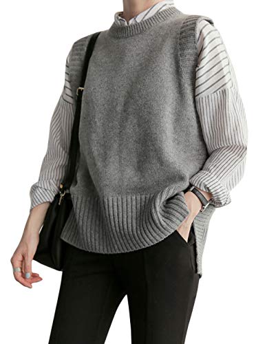 Uaneo Womens Knit Crewneck Sleeveless Basic Casual Pullover Sweater Vest (A-Grey, One Size)