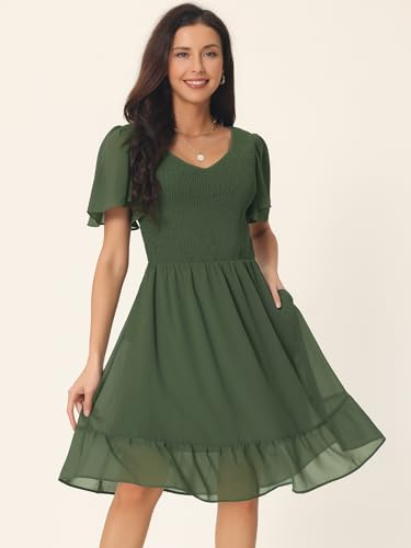 Image of Seta T Women's Summer Chiffon Dresses Smocked V Neck Flutter Short Sleeve Flowy Casual Dress with Pockets