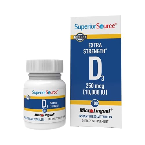 Superior Source Vitamin D3 10000 IU Quick Dissolve MicroLingual Tablets 100 Count Helps Promote Strong Bones and Teeth Immune Support Helps Maintain Healthy Muscle Function Non-GMO